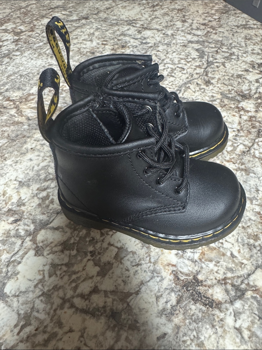 Dr. Martens Kids Black Lace-Up Leather Boots with Yellow Trim